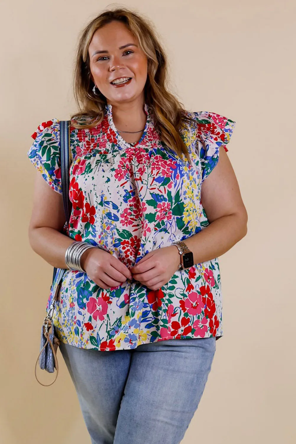 Red Plus Floral Print Ruffle Cap Sleeve V Neck Blouse