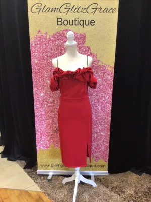 Red Ruffled Off The Shoulder Body Contour Fitted Plus Size Dress