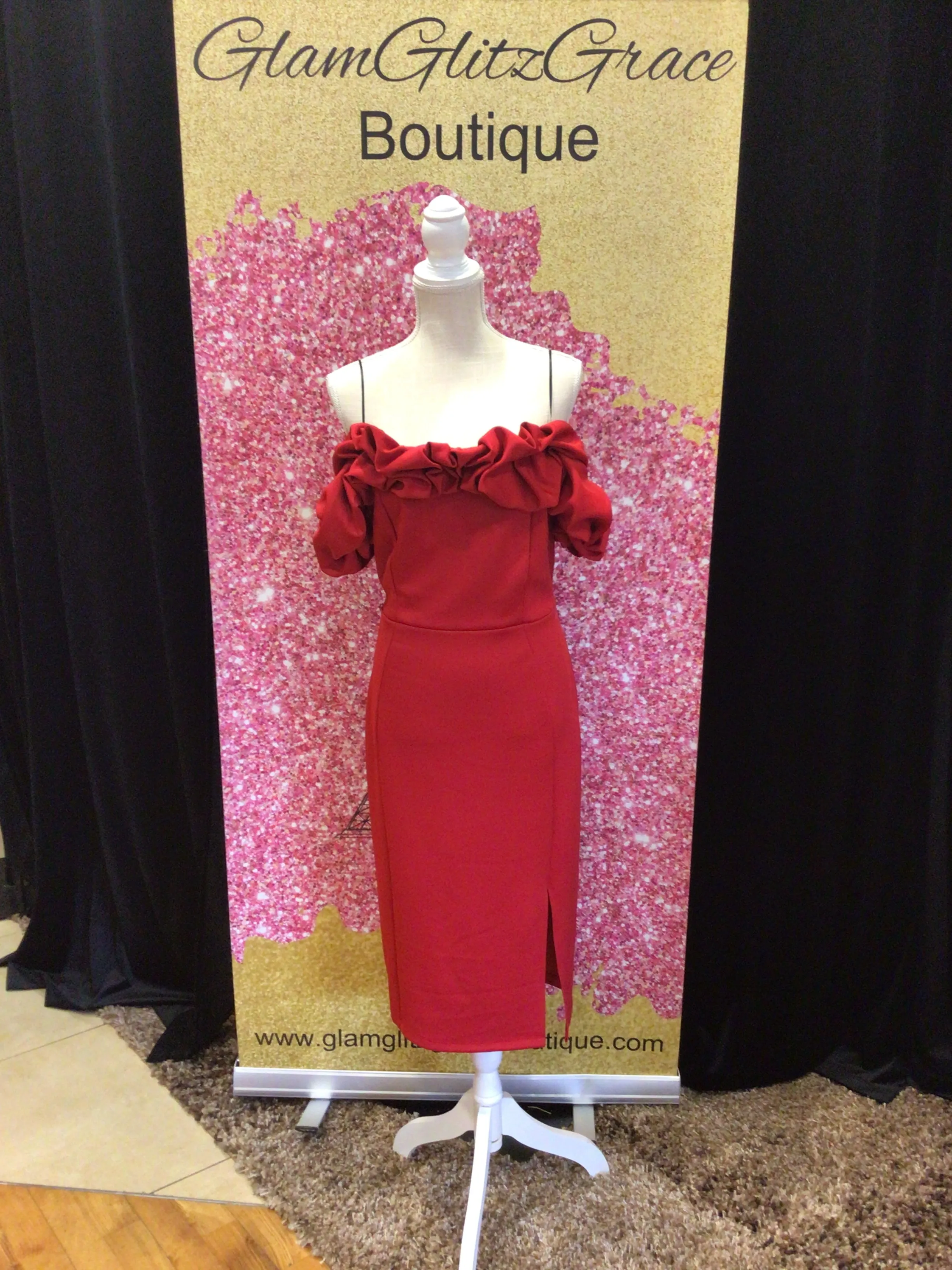 Red Ruffled Off The Shoulder Body Contour Fitted Plus Size Dress