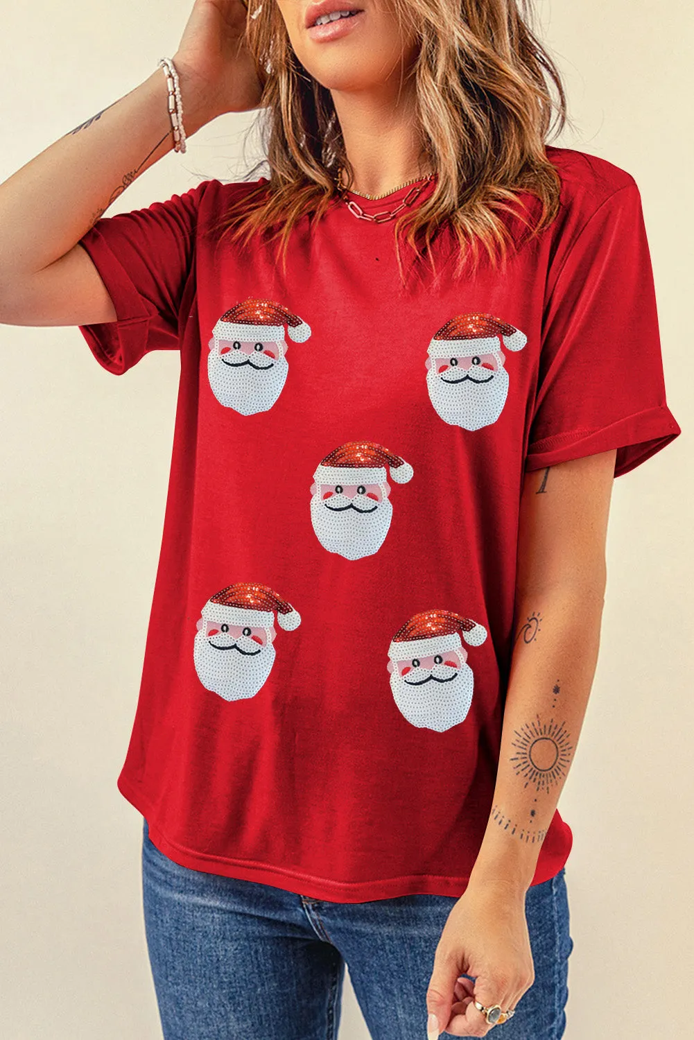Red Sequin Christmas Claus Pattern Crewneck T Shirt