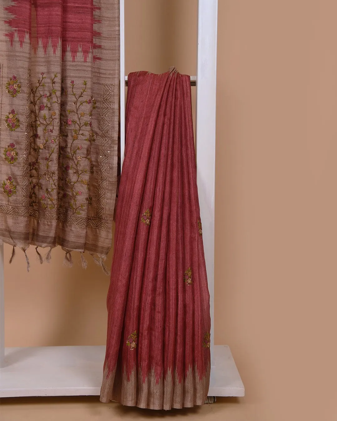 Red Silk Cotton Blend Embroidered Saree With Silk Cotton Blouse