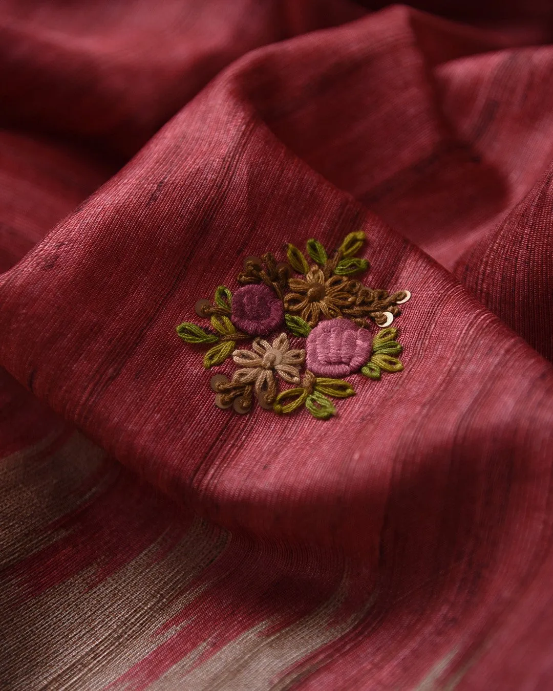 Red Silk Cotton Blend Embroidered Saree With Silk Cotton Blouse
