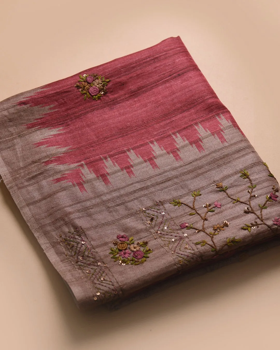 Red Silk Cotton Blend Embroidered Saree With Silk Cotton Blouse