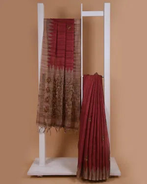 Red Silk Cotton Blend Embroidered Saree With Silk Cotton Blouse