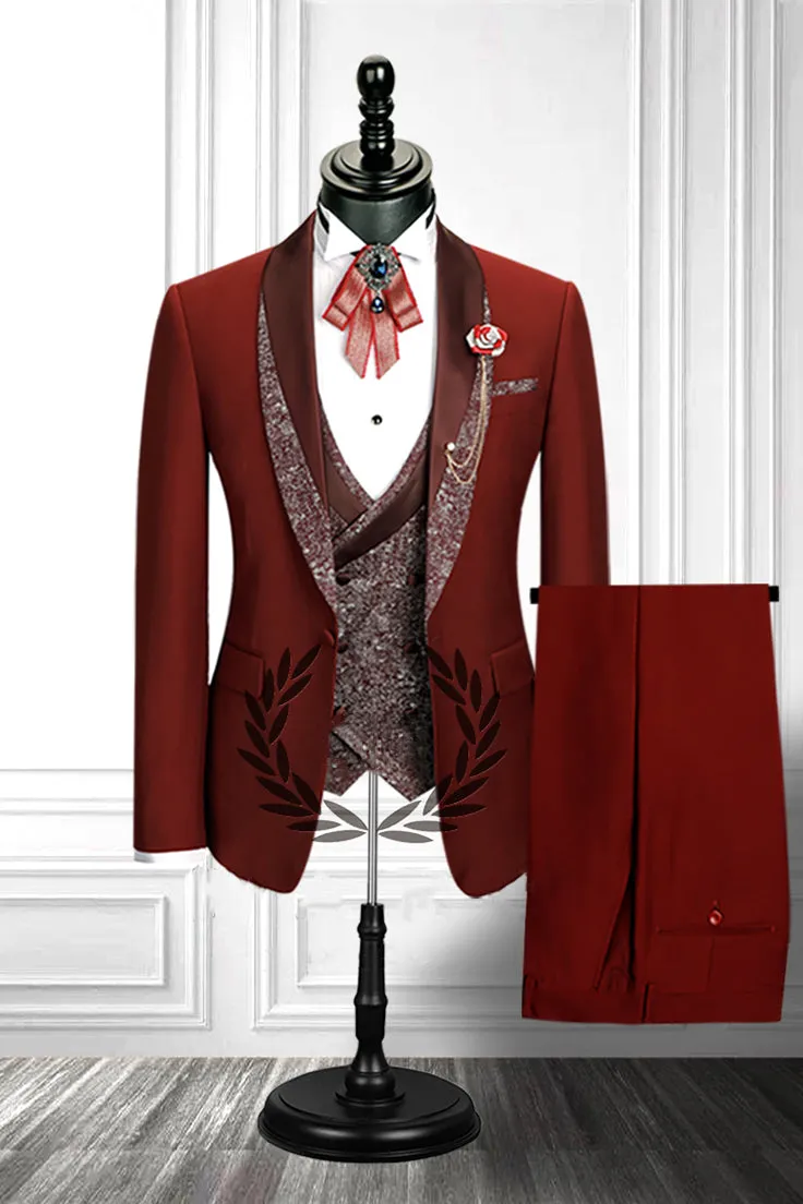 Red Three-piece Stitching Lapel Custom design Double Breasted Waistcoat Men Formal Suit
