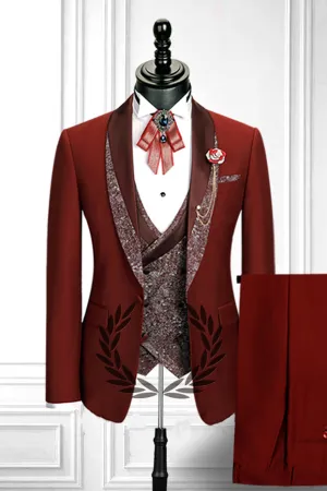 Red Three-piece Stitching Lapel Custom design Double Breasted Waistcoat Men Formal Suit