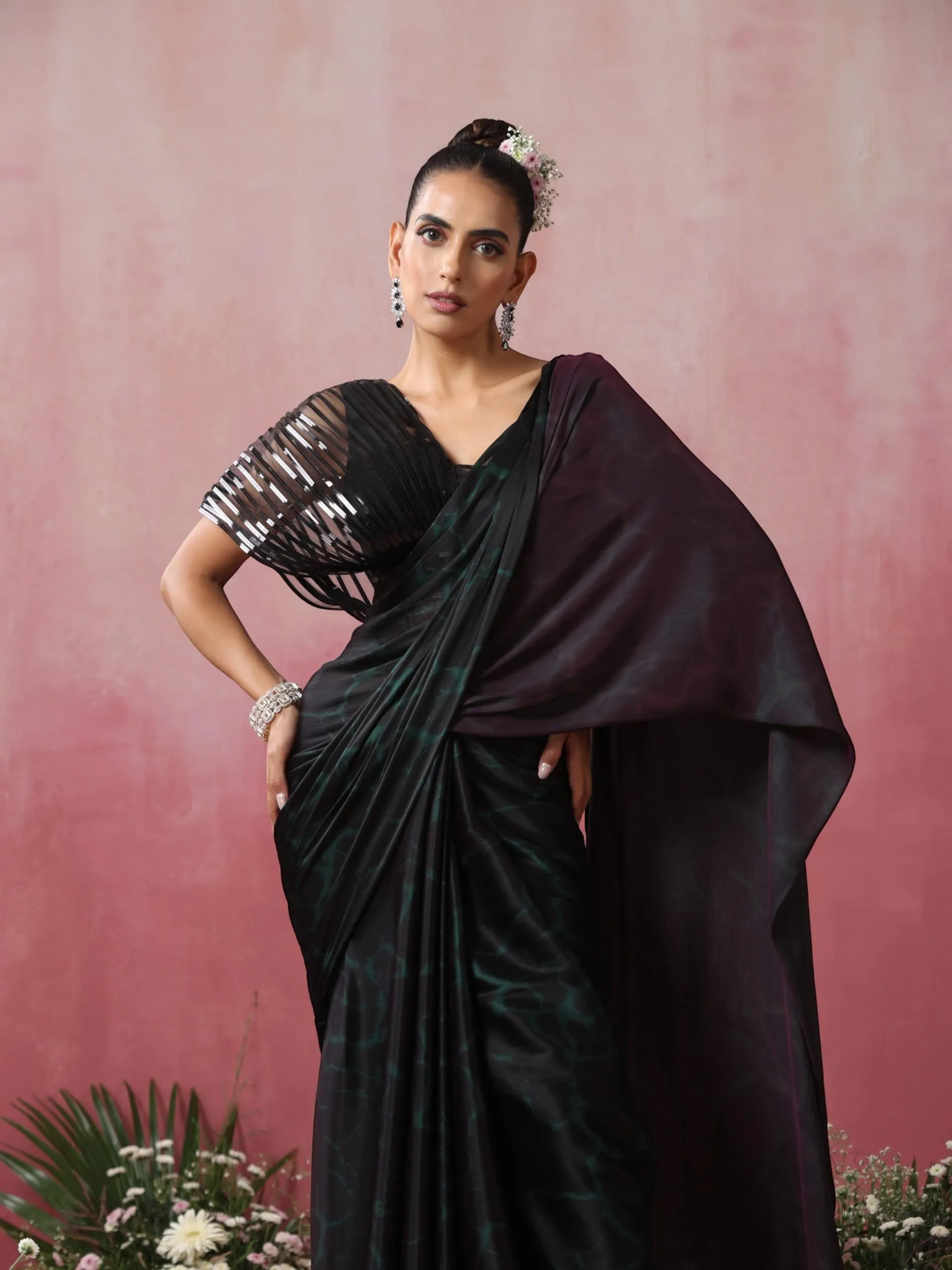 Reflections Purple Green Dual Shade Butter Satin Saree