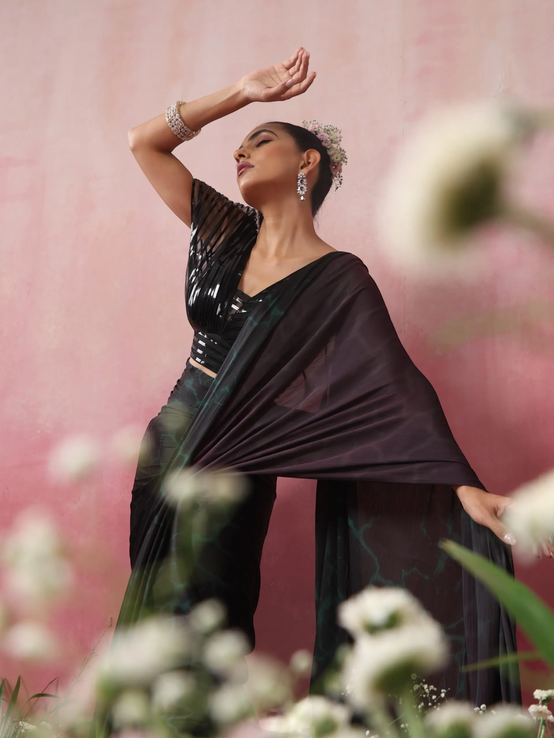 Reflections Purple Green Dual Shade Butter Satin Saree