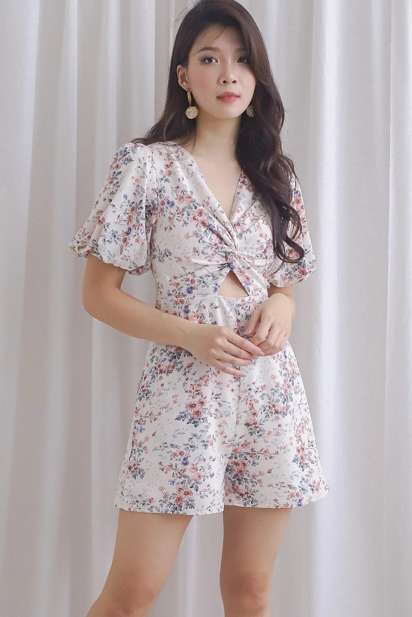 *Restocked* TDC Joyelle Twist Knot Cut Out Romper In Cream