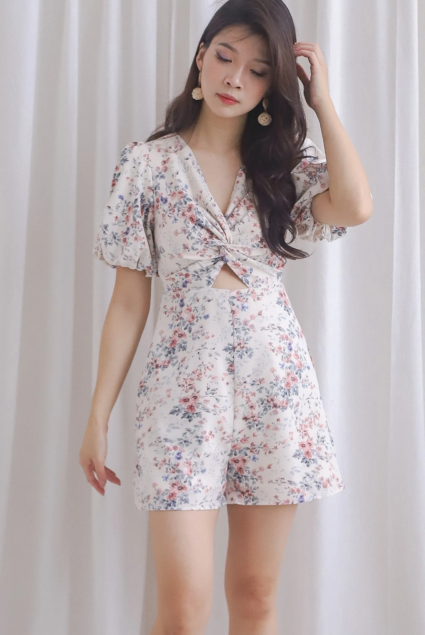 *Restocked* TDC Joyelle Twist Knot Cut Out Romper In Cream