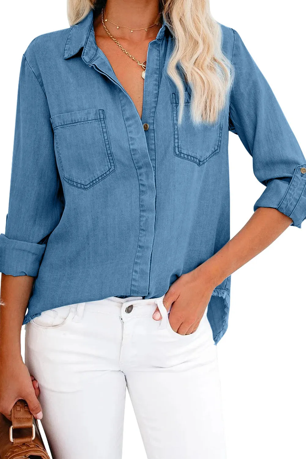 Roll up Long Sleeves Frayed Hem Denim Shirt