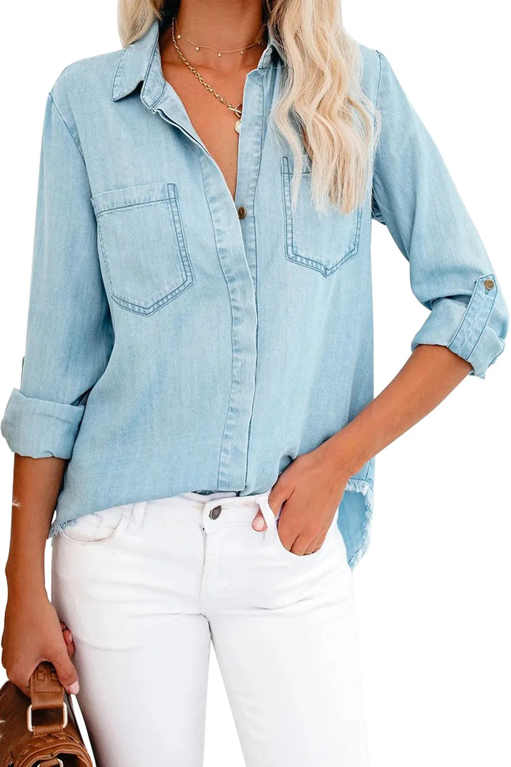 Roll up Long Sleeves Frayed Hem Denim Shirt