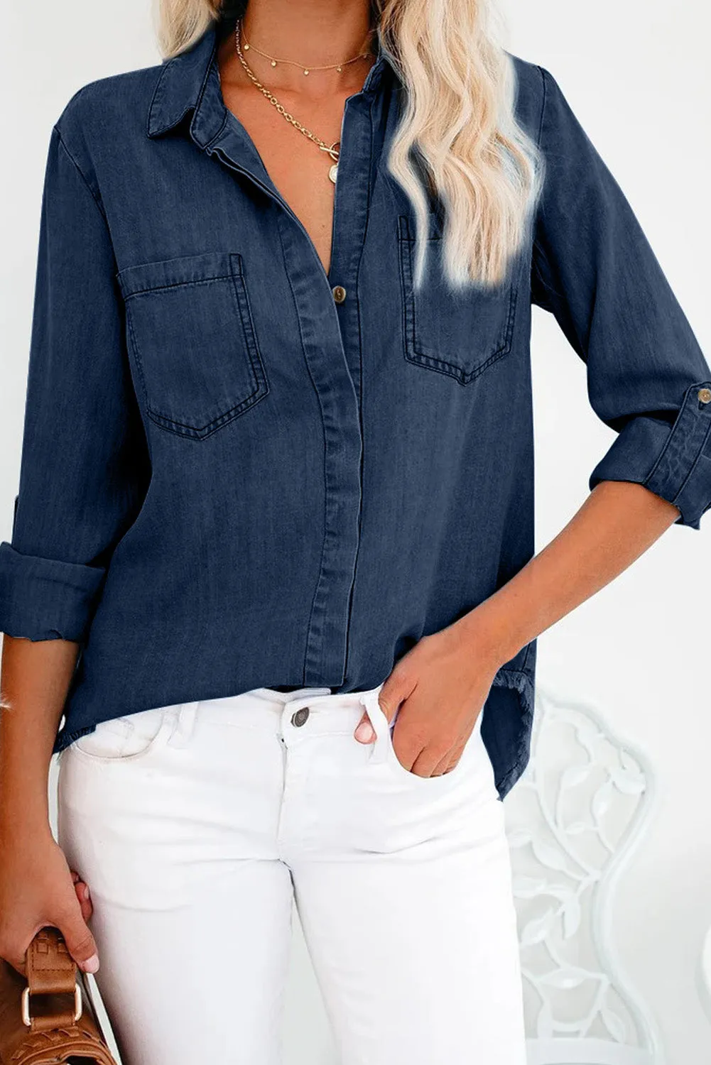 Roll up Long Sleeves Frayed Hem Denim Shirt