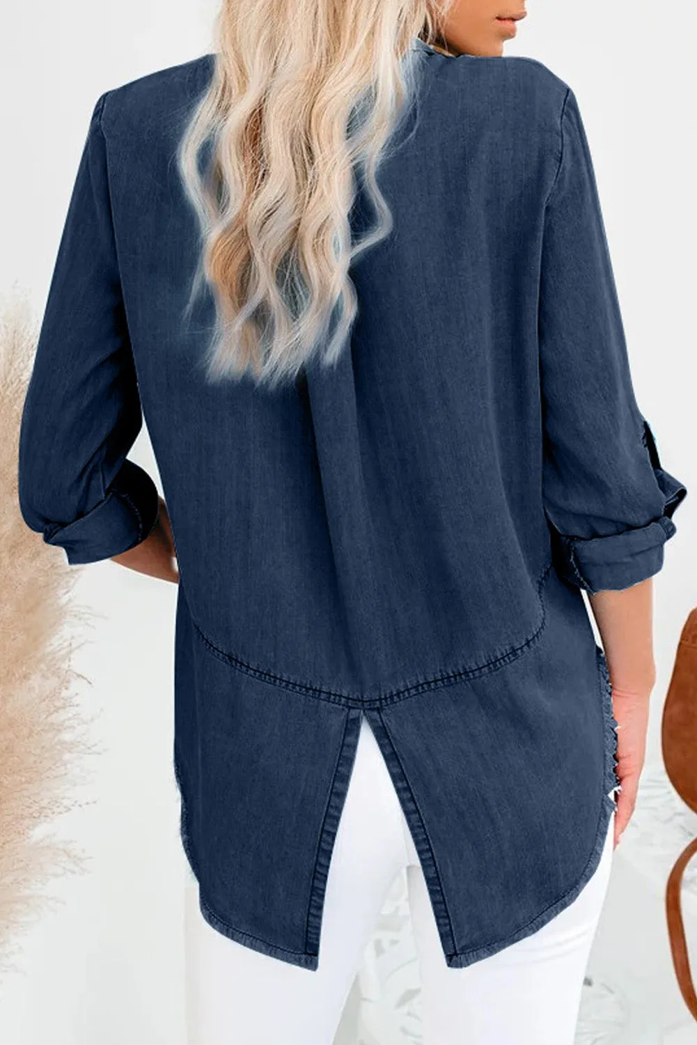 Roll up Long Sleeves Frayed Hem Denim Shirt