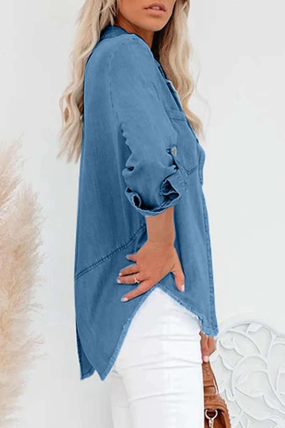 Roll up Long Sleeves Frayed Hem Denim Shirt