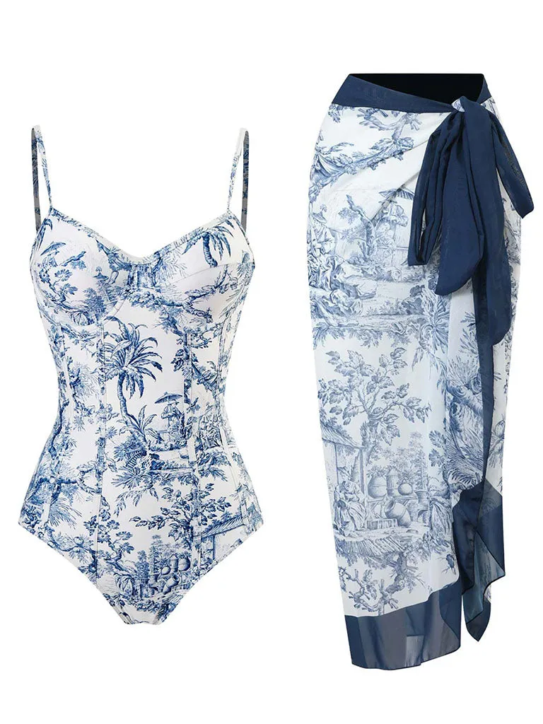 Romantic Floral Print Strap One Piece With Bathing Suit Wrap Skirt