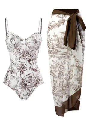 Romantic Floral Print Strap One Piece With Bathing Suit Wrap Skirt