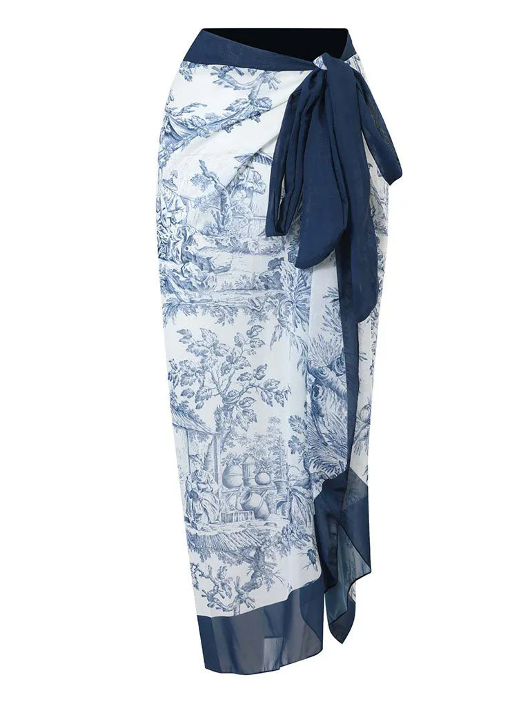 Romantic Floral Print Strap One Piece With Bathing Suit Wrap Skirt