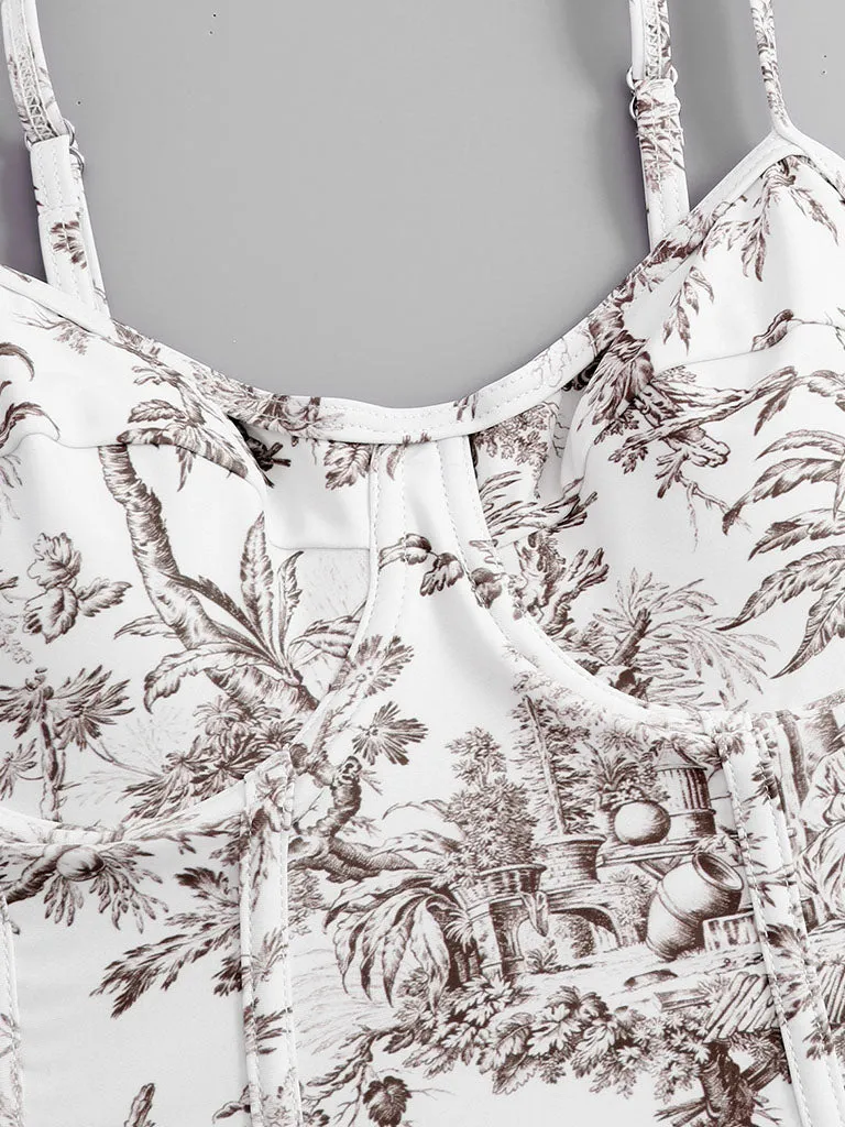 Romantic Floral Print Strap One Piece With Bathing Suit Wrap Skirt