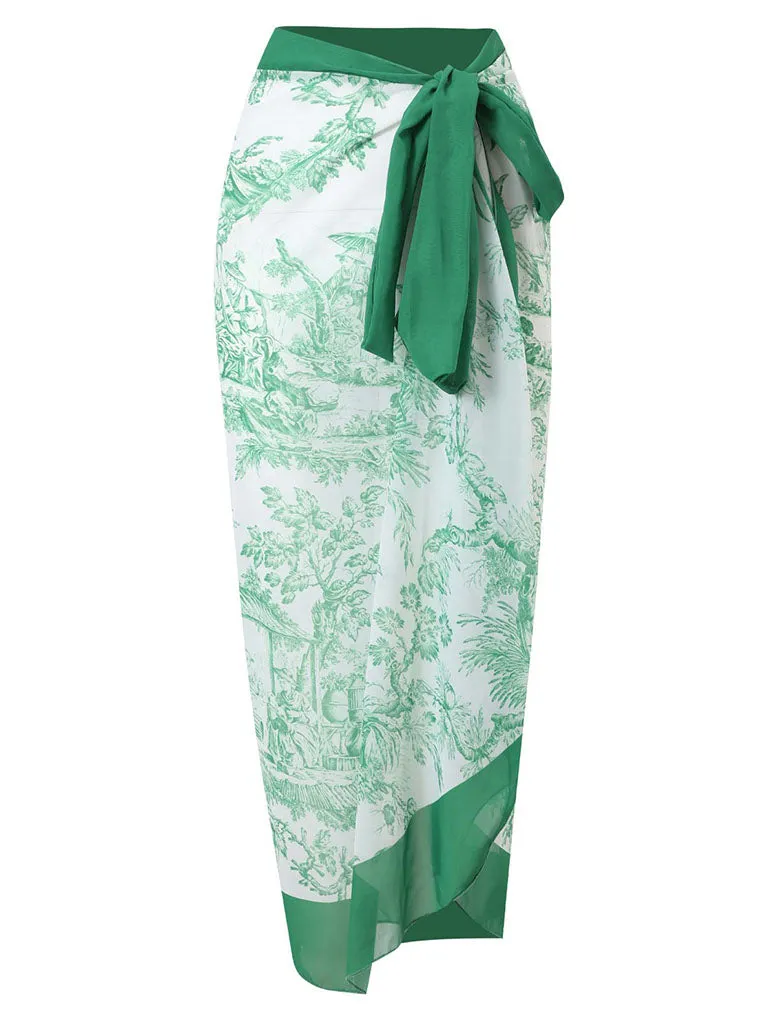 Romantic Floral Print Strap One Piece With Bathing Suit Wrap Skirt