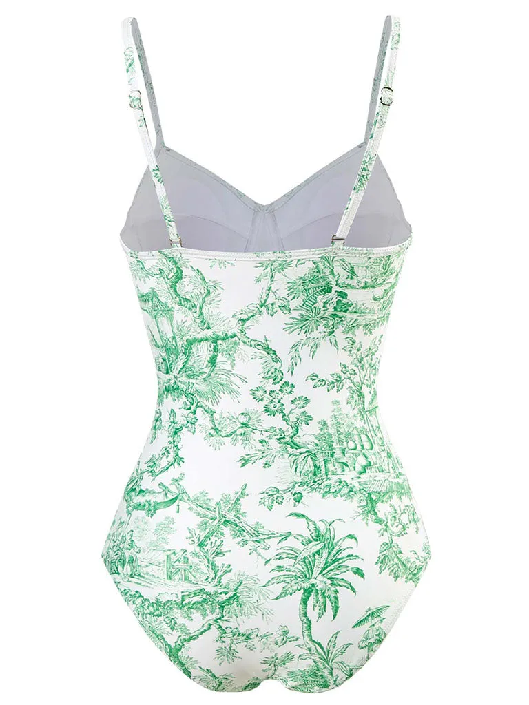 Romantic Floral Print Strap One Piece With Bathing Suit Wrap Skirt