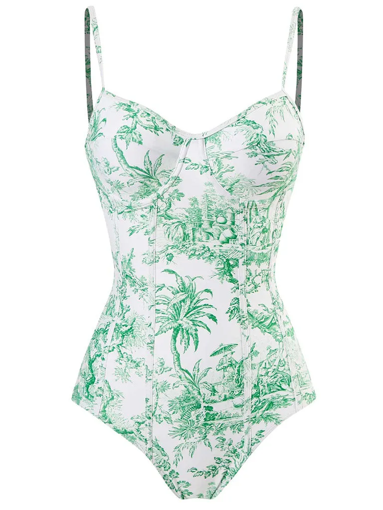 Romantic Floral Print Strap One Piece With Bathing Suit Wrap Skirt