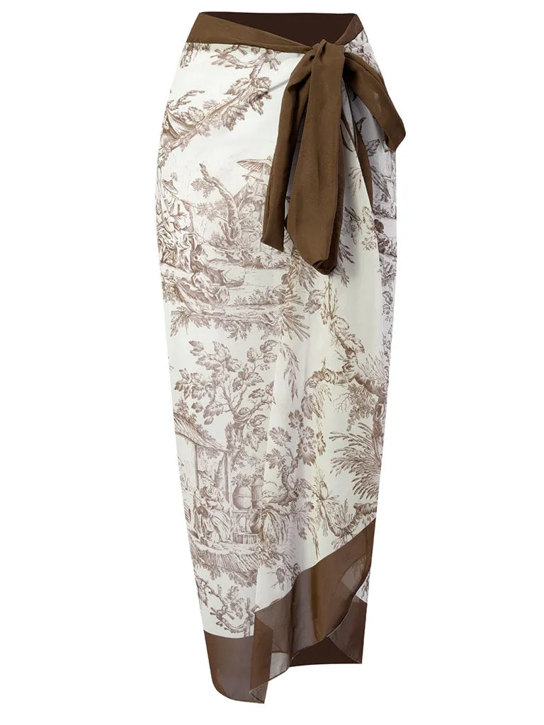 Romantic Floral Print Strap One Piece With Bathing Suit Wrap Skirt