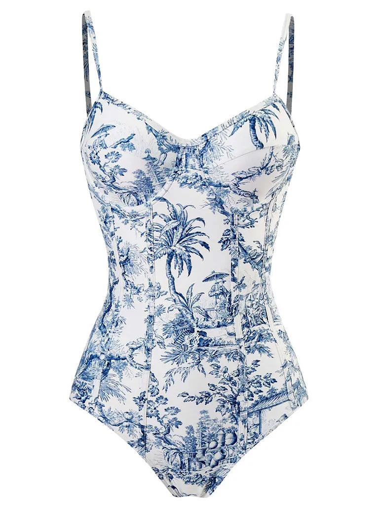 Romantic Floral Print Strap One Piece With Bathing Suit Wrap Skirt