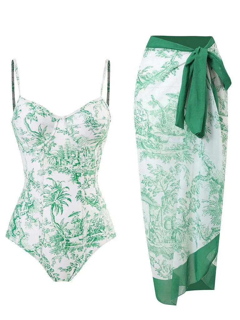 Romantic Floral Print Strap One Piece With Bathing Suit Wrap Skirt