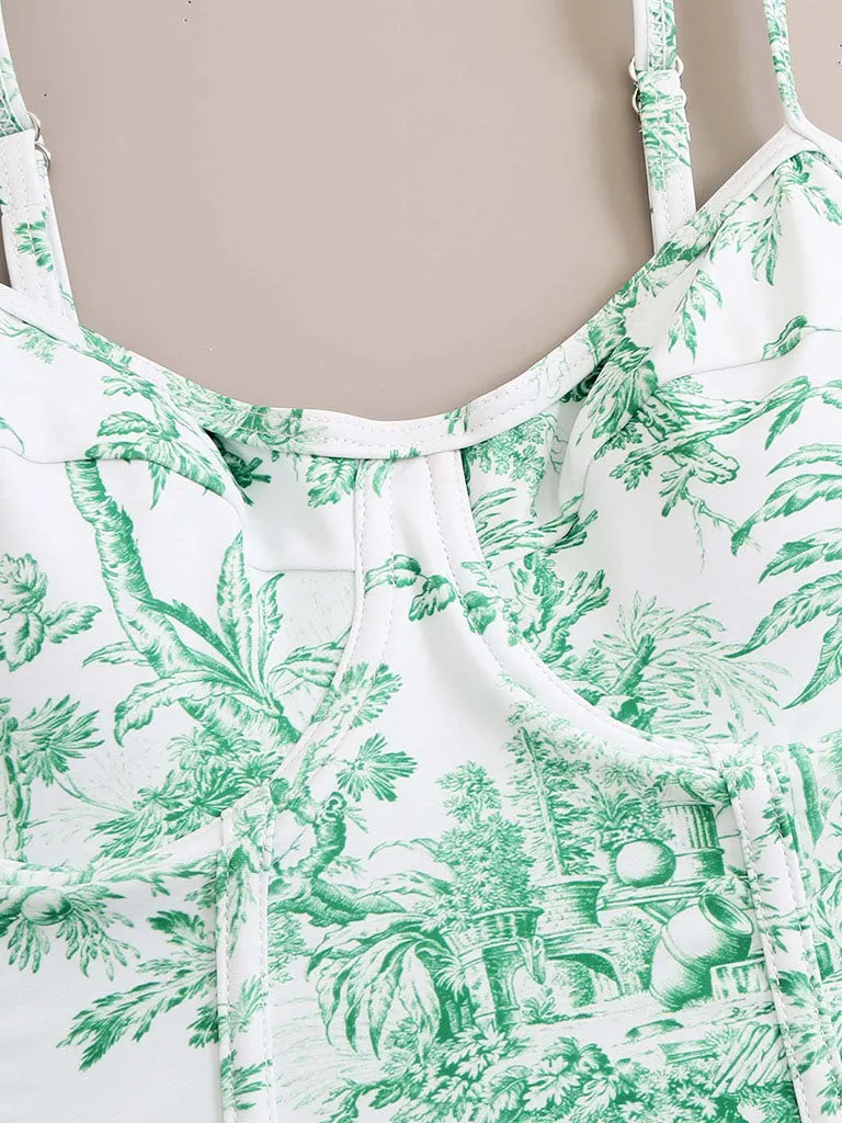 Romantic Floral Print Strap One Piece With Bathing Suit Wrap Skirt