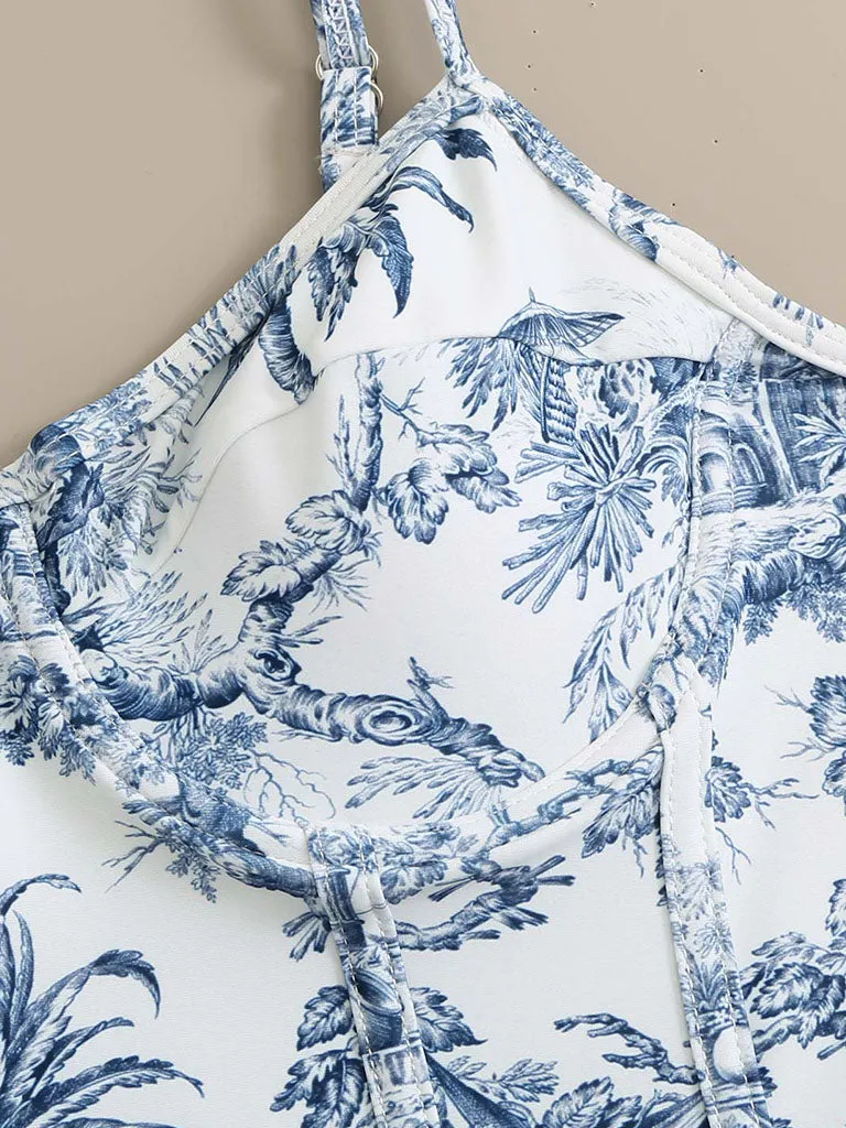 Romantic Floral Print Strap One Piece With Bathing Suit Wrap Skirt