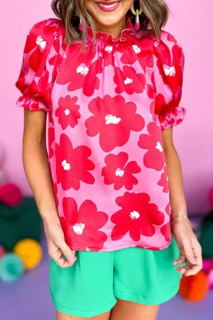 Rose Floral Puff Sleeve Frill Neckline Blouse