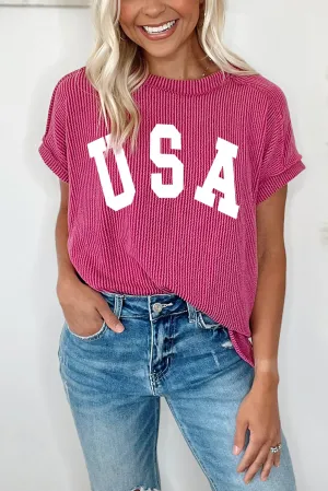 Rose Red Textured USA Graphic T Shirt