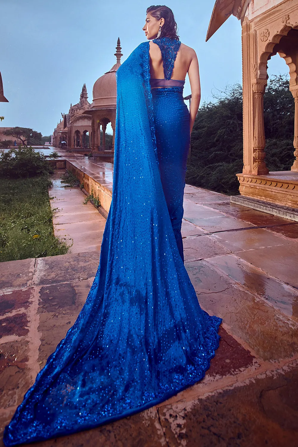 Royal Blue Satin Saree Set