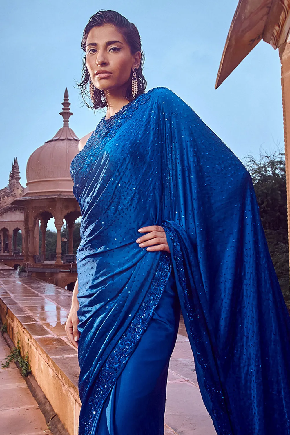 Royal Blue Satin Saree Set
