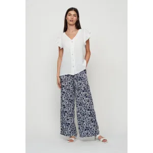 RUFFLE CAP SLEEVE BUTTON DOWN LINEN BLOUSE