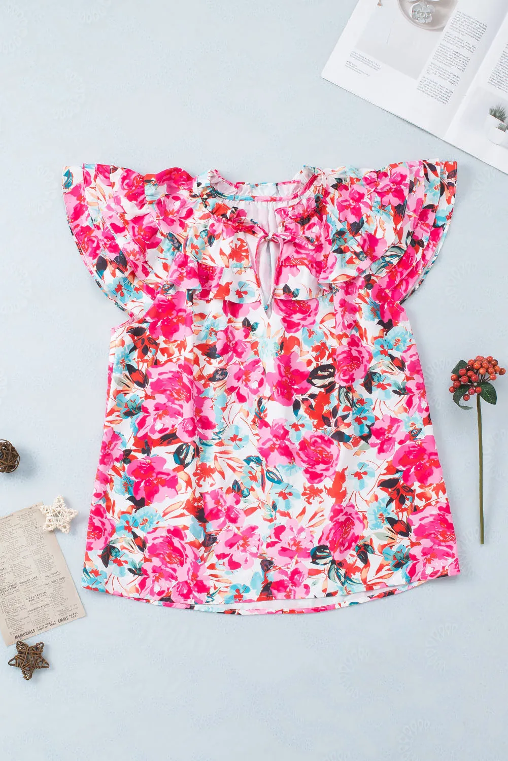 Ruffle Flutter Sleeve Floral Print Blouse