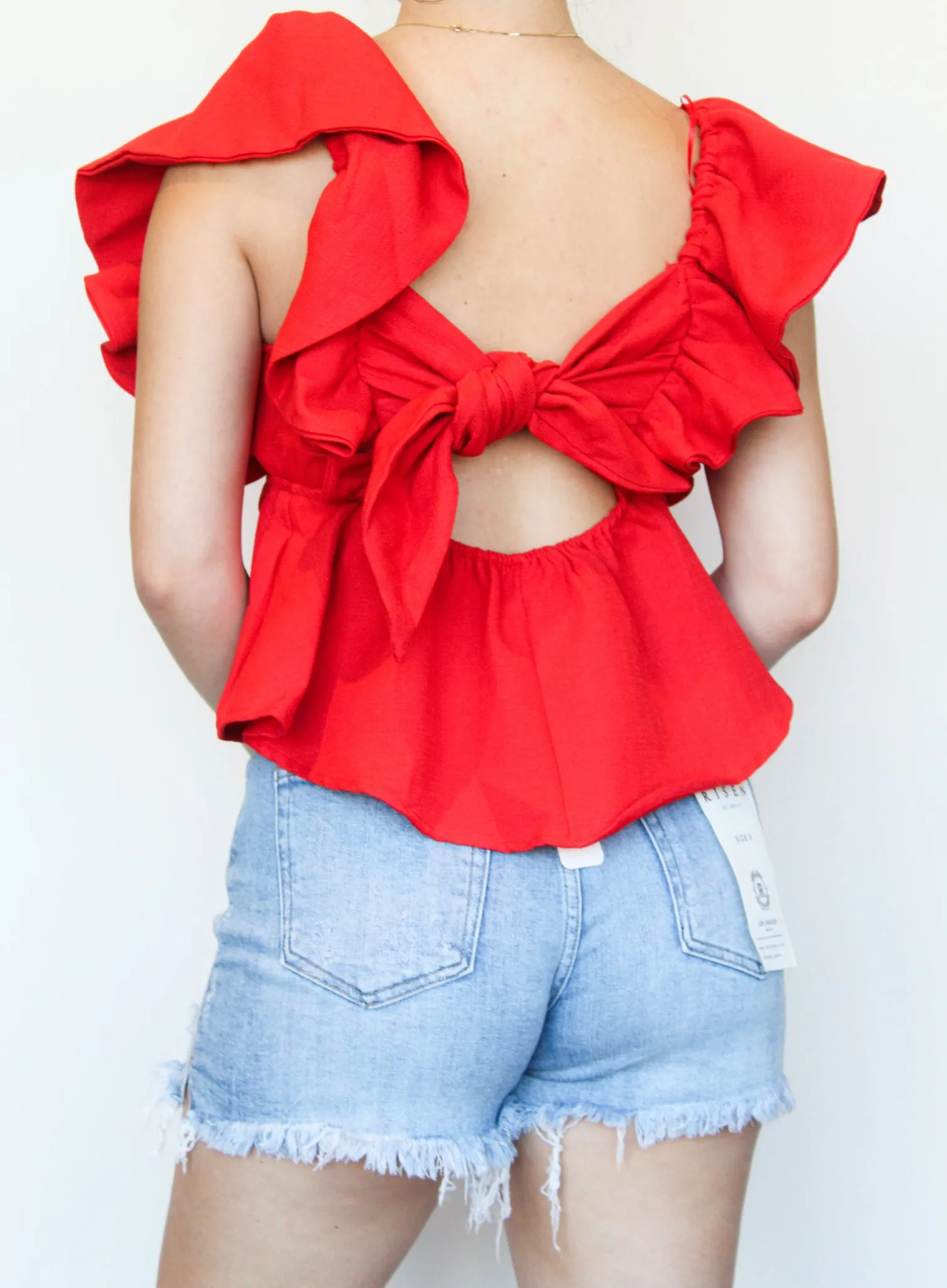 Ruffle Open Back Blouse- Red