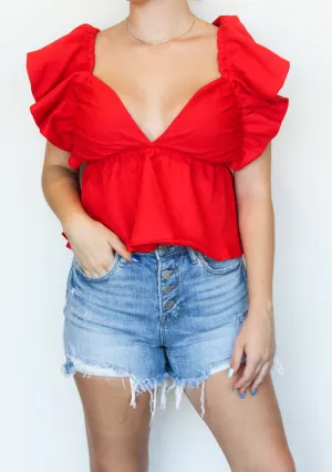 Ruffle Open Back Blouse- Red