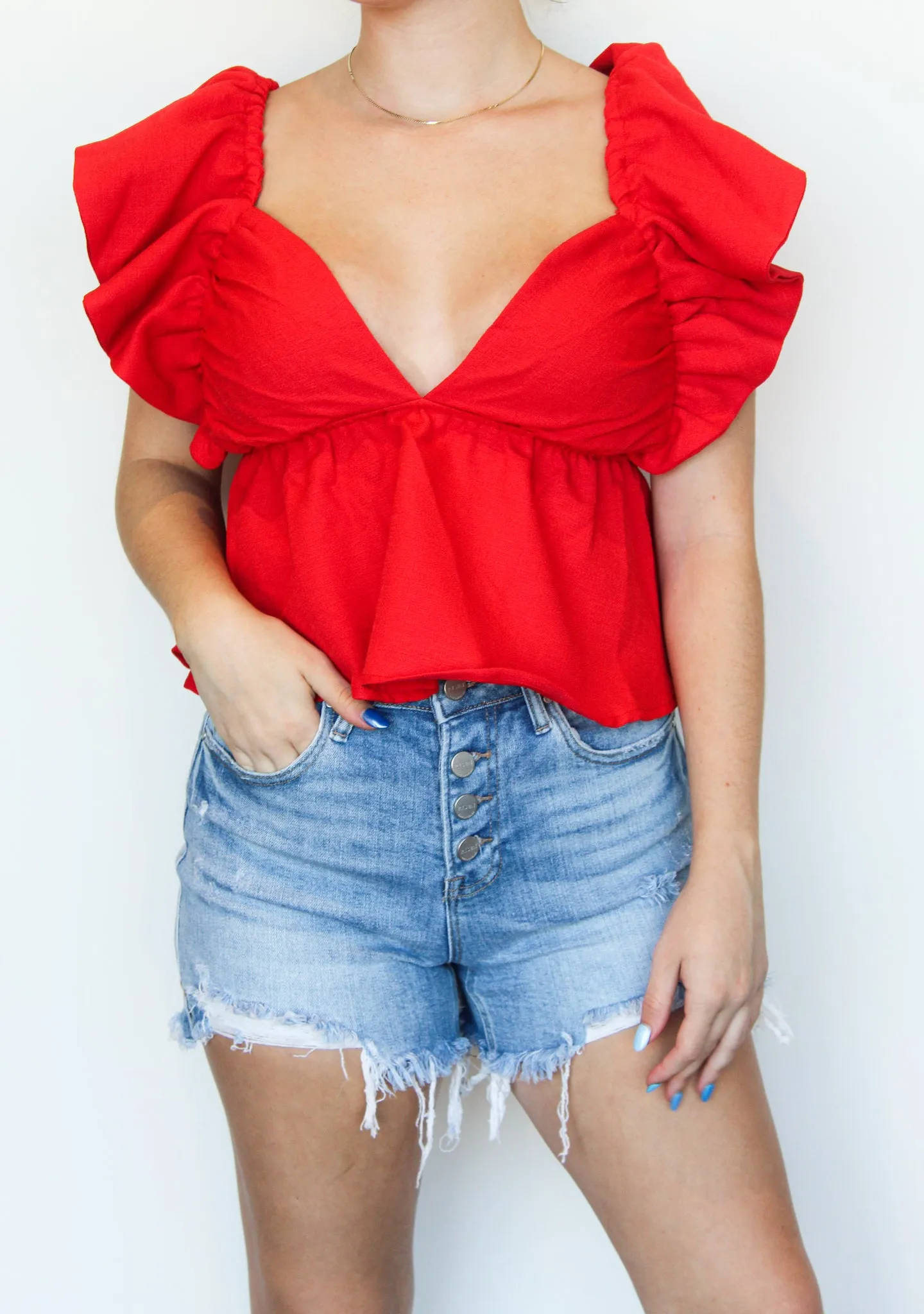 Ruffle Open Back Blouse- Red