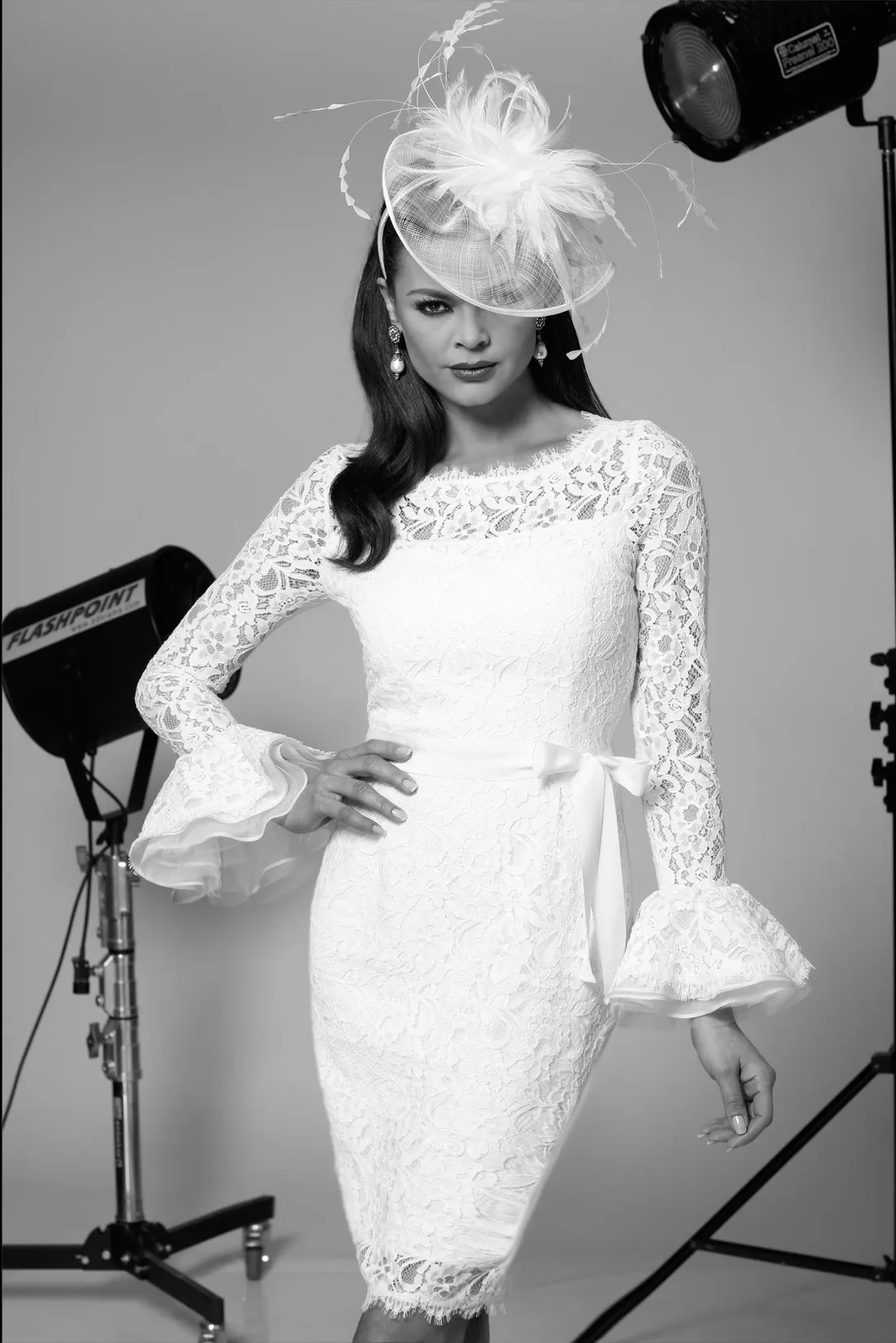 Ruffle-Sleeve Lace Dress in Ivory