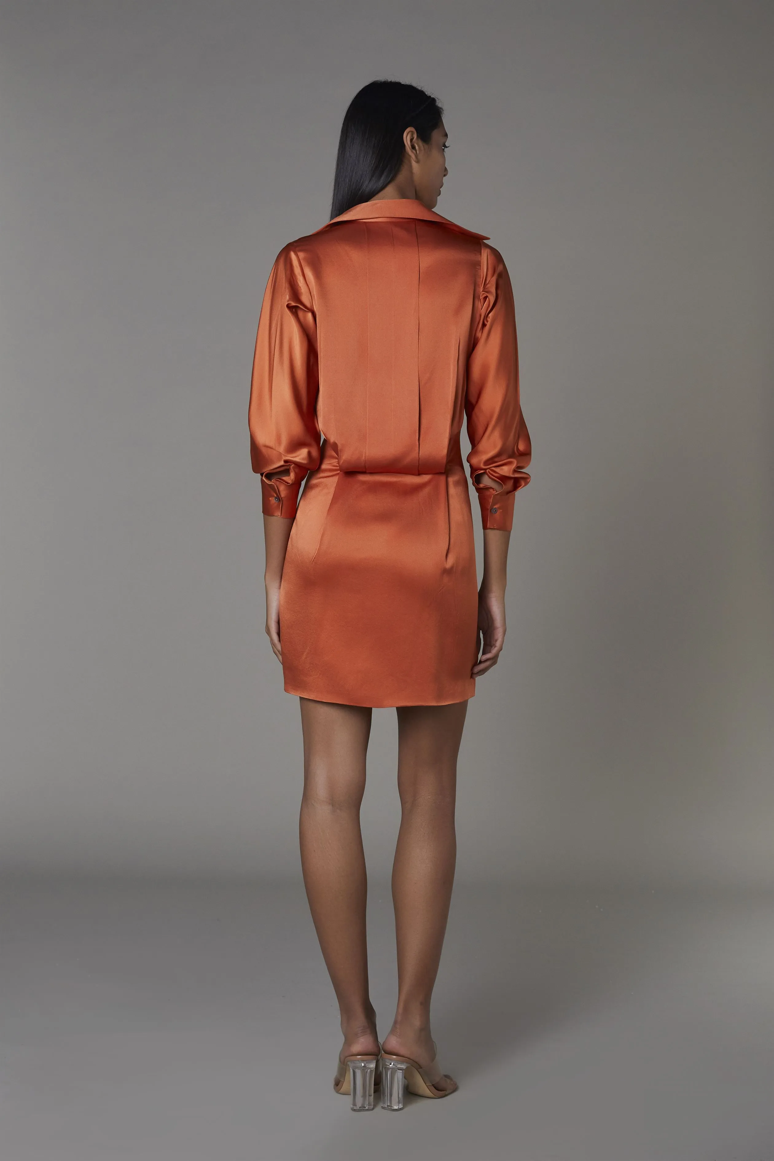 Saaksha & KinniÂ    I   Solid non print rust shirt dress Satin Rust SS22076