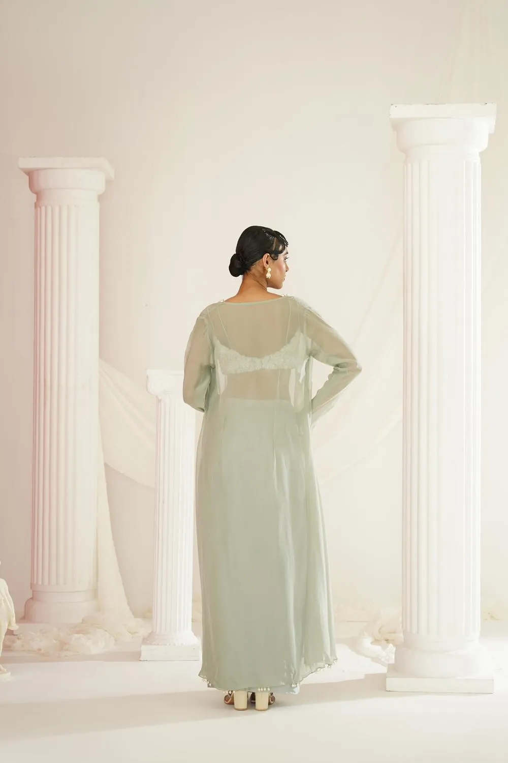 Sage Green Embellished Blouse, Dhoti And Long Jacket