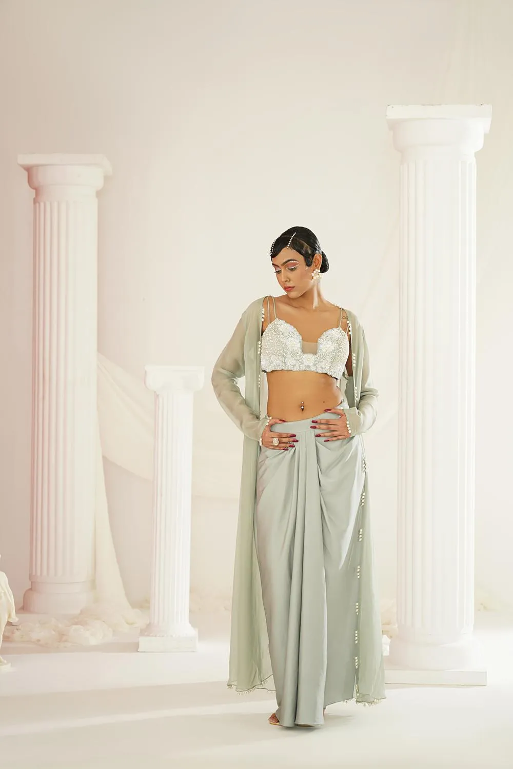 Sage Green Embellished Blouse, Dhoti And Long Jacket