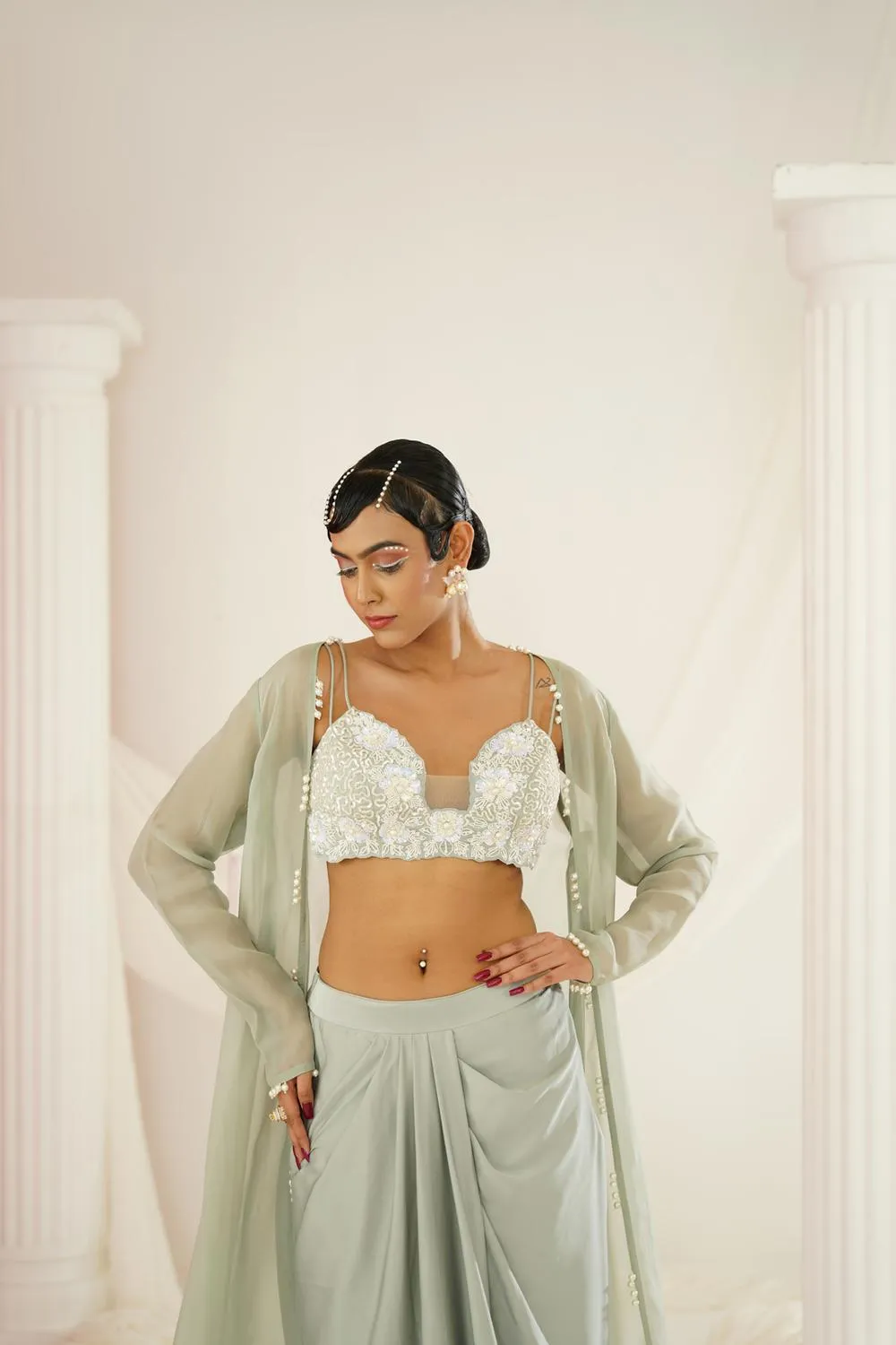 Sage Green Embellished Blouse, Dhoti And Long Jacket
