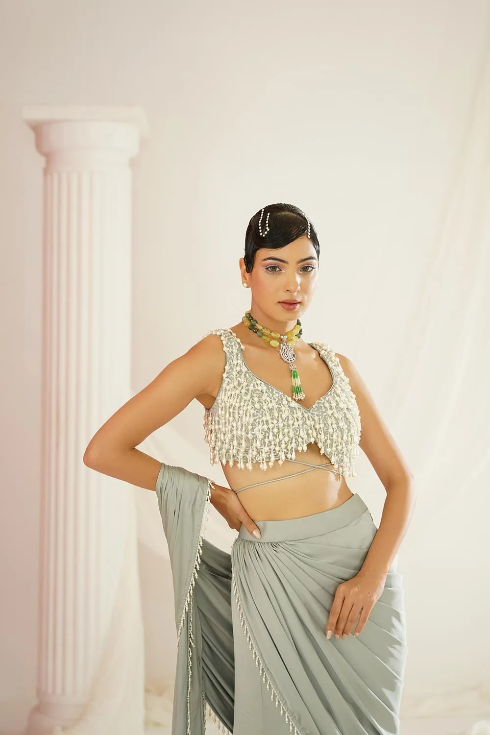 Sage Green Embroidered Blouse With  Ready To Wear Drape Saree Set