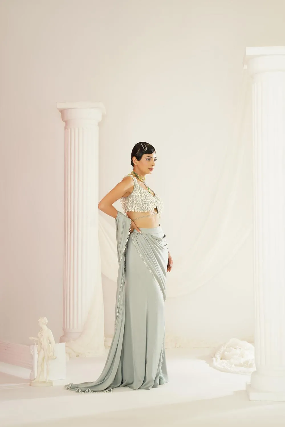 Sage Green Embroidered Blouse With  Ready To Wear Drape Saree Set