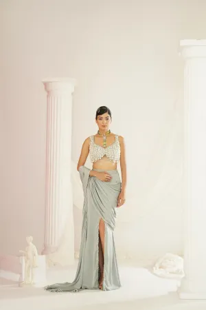Sage Green Embroidered Blouse With  Ready To Wear Drape Saree Set