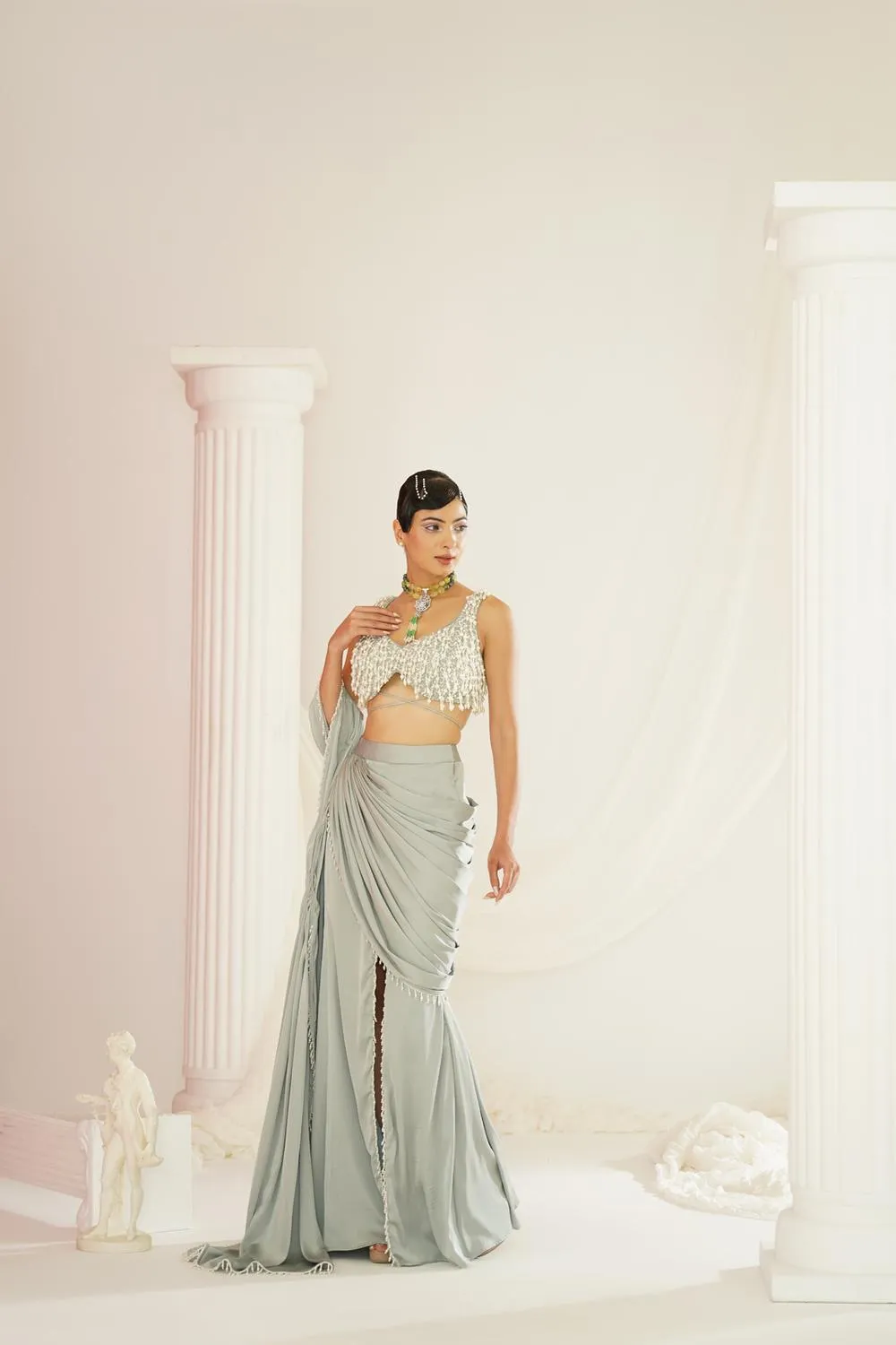 Sage Green Embroidered Blouse With  Ready To Wear Drape Saree Set