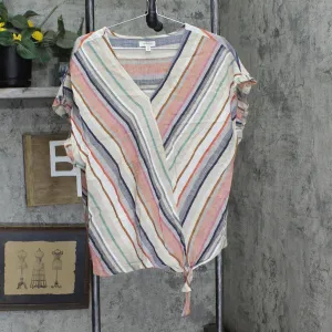 Sandy & Sid Womens V-Neck Linen Blend Shirt Blouse Top Brown Multi XL